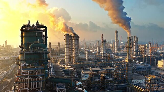 Aerial shot of an oil refinery and chemical plant industrial complex with smoke stacks emitting smoke, causing air pollution.