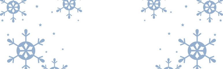 Frosty winter border with pale blue geometric snowflakes and scattered stars framing wide white copy space, perfect for Christmas greetings, seasonal invitations, web banners, and festive holiday prom