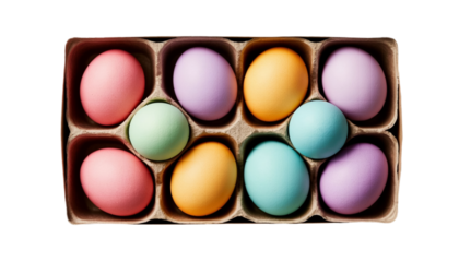 Pastel Easter eggs in decorative box flat lay PNG