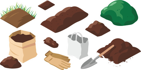 Isometric soil illustration, gardening dirt piles, compost bags, garden tools, mulch and earth set, gardening equipment icons