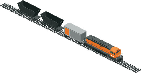 isometric train, freight locomotive, cargo wagons, rail transport, railroad illustration, industrial logistics, transportation system, cargo train, railway vehicle © MdAhasan