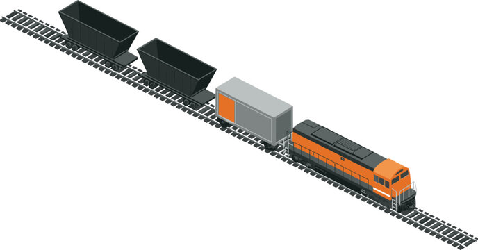 isometric train, freight locomotive, cargo wagons, rail transport, railroad illustration, industrial logistics, transportation system, cargo train, railway vehicle