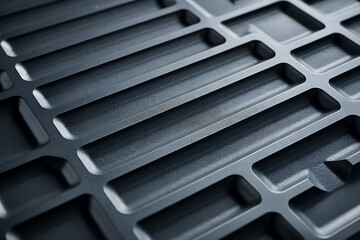 Close up abstract view of a dark metallic grid structure with repeating rectangular openings and subtle engraved text