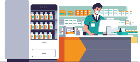 Modern pharmacy counter illustration, pharmacist at work, drugstore interior, medication shelves, pharmacy staff, healthcare retail, flat vector design