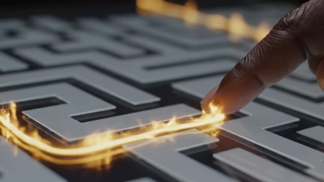 Close-up of a hand interacting with glowing digital text and futuristic interface elements