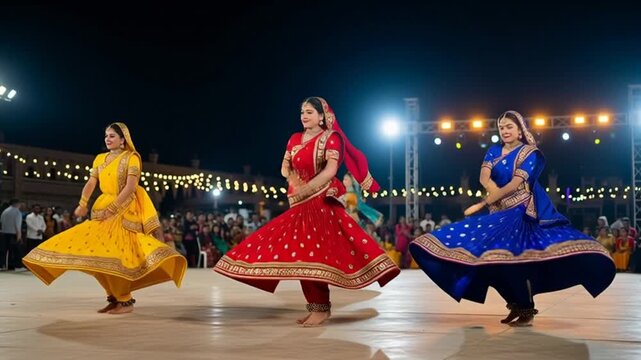 Vibrant Indian Dancers Perform Traditional Folk Dance at Night Festival
