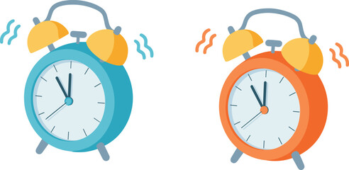 Ringing alarm clocks, teal and orange vintage clock icons, wake-up alert concept, flat design illustration, cartoon time reminder