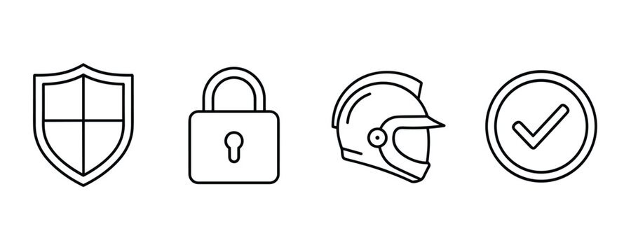 Set of security shield lock helmet and check mark line icons vector