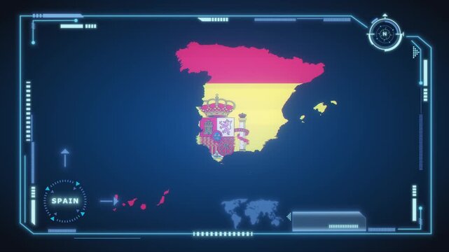 Futuristic Digital Spain map HUD animation, global network cyber technology, government, Country Map, Politics, Travel, News, and Sports Events.