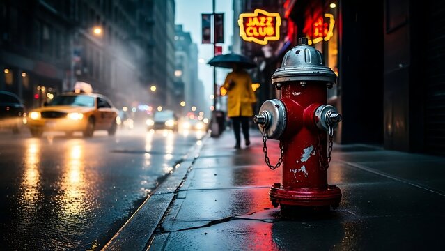 A red fire hydrant on a rainy night in new york city with a taxi passing by