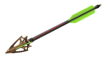 Isolated bronze arrowhead with green vanes for archery hunting on a light-colored surface