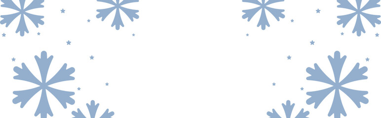 Frosty winter border with pale blue geometric snowflakes and scattered stars framing wide white copy space, perfect for Christmas greetings, seasonal invitations, web banners, and festive holiday prom