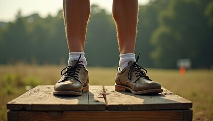 A pair of legs stands on a wooden box. The person wears brown dress shoes and white socks. The background features a blurred green landscape.