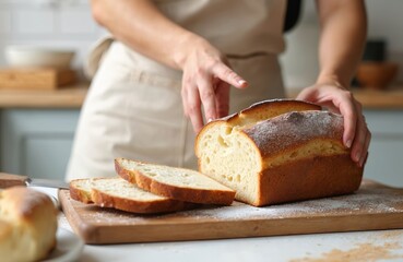 Woman slices artisan sourdough bread on wooden board in kitchen. Freshly baked loaf, homemade healthy food, culinary hobby, baker occupation, grain product.