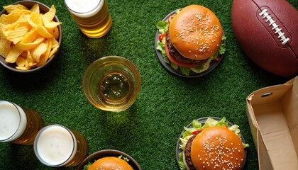 American football game day food spread with burgers chips and beer on grass. Casual party meal ready for fans watching sport. Outdoor celebration feast.