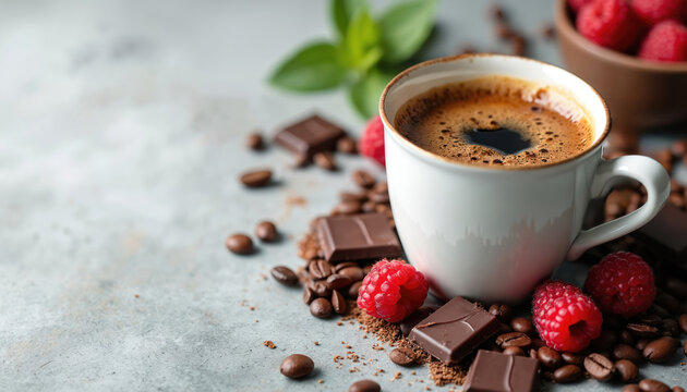 Close up photo shows coffee cup with chocolate pieces raspberries and coffee beans. Delicious hot coffee with sweet dessert on light grey background. Concept of cozy morning beverage.