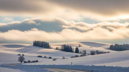 A panoramic view of a snow-covered landscape under a dramatic cloudy sky