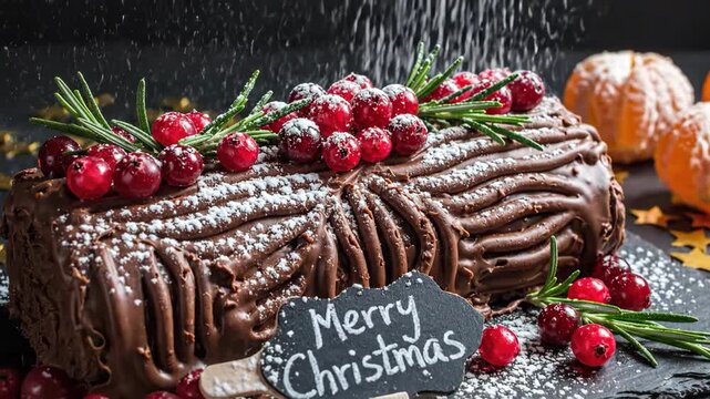 Christmas yule log cake dusted with powdered sugar. Festive chocolate roll dessert garnished with cranberries rosemary and oranges. Holiday baking presentation