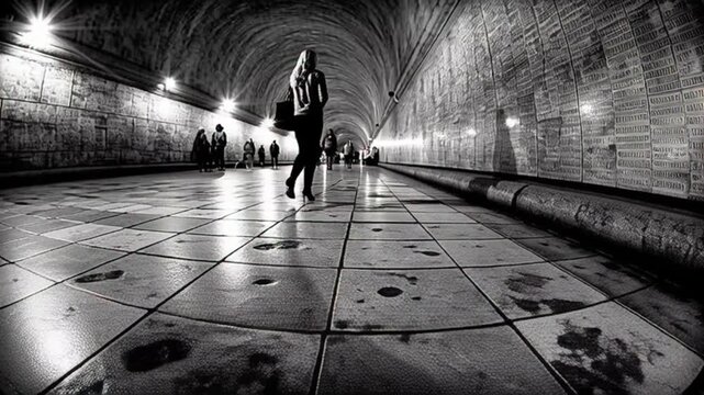 Woman Walks Through Mysterious Black and White Tunnel with Reflective Floor and Textured Walls