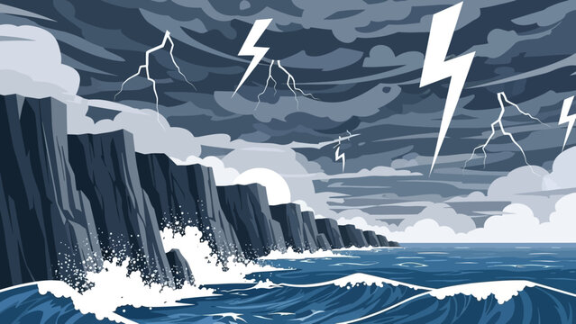 Ocean Tempest: The untamed power of nature unfolds, as a tempest rages over the ocean, with lightning slashing across a stormy sky and waves crashing against the rugged coast.