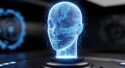 Holographic blue digital human head projection in dark futuristic environment, artificial intelligence concept
