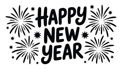 Bold “Happy New Year” festive typography with hand-drawn fireworks and decorative stars in black outline style for celebration cards, posters, and holiday graphics © Mushtaq