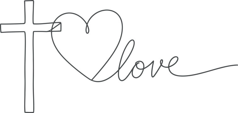 Naklejki Christian cross heart love symbol continuous line art drawing