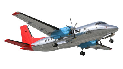 Isolated turboprop airplane, twin engine aircraft with red tail on an angle with no background