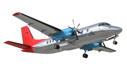 Isolated turboprop airplane, twin engine aircraft with red tail on an angle with no background