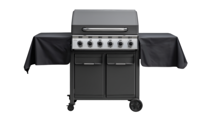 Sleek dark gray gas barbecue grill with five control knobs and side shelves