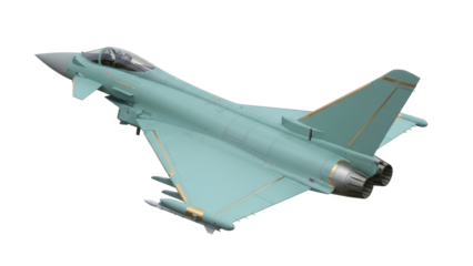 Isolated Eurofighter Typhoon jet, advanced combat aircraft fighter on aerial view, 3D rendering
