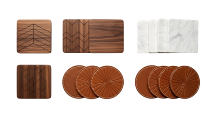 Wooden and marble coasters isolated on transparent background