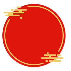 Vibrant Red Circular Frame with Golden Accents and Stylized Asian Cloud Details