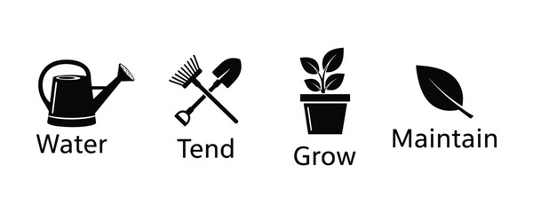 Garden care icons with watering can shovel plant and leaf symbols vector © MintPixel Lab