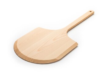 Light colored wooden utensil features a broad paddle head and long handle against a bright white background