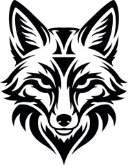 Stylized black and white wolf head illustration with tribal markings