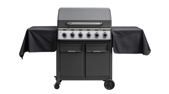 Sleek dark gray gas barbecue grill with five control knobs and side shelves