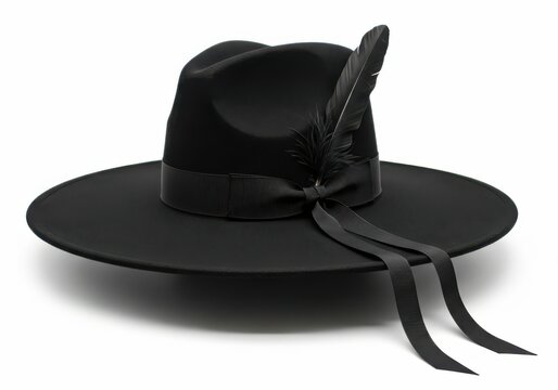 Wide brim fedora style hat adorned with a black feather and long ribbon accents rests on a white surface