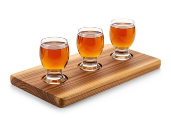 Trio of tasting glasses filled with amber liquid rests upon a wooden serving paddle