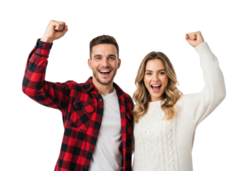 a young caucasian couple, man in flannel and woman in cable-knit sweater, cheering with raised fists on a bright, transparent studio background, concept of pure joy and success