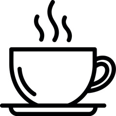 Simple line art icon of a steaming coffee cup on a saucer