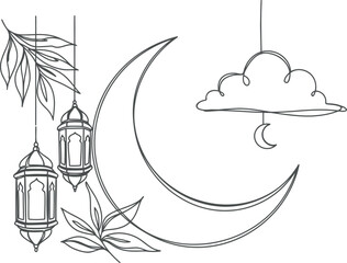 Islamic crescent moon and lanterns with cloud and stars illustration
