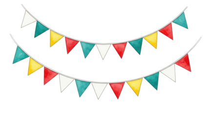 Hand-drawn watercolor illustration of a cheerful teal, yellow, red, and white pennant flag garland hanging on a string, isolated on a transparent background. Concept for festive decoration