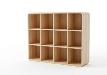 Light colored wooden shelving unit with twelve cubbyholes stands against a white background
