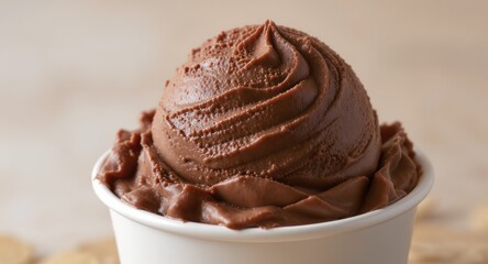 A large scoop of rich chocolate frozen dessert sits in a white paper cup