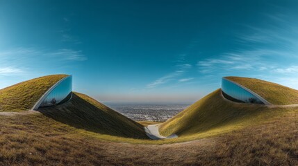 Futuristic grass covered hill buildings overlooking city valley landscape. AI generative