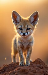 Obraz premium Cute cape fox pup stands on sand dune at sunrise. Young wild animal with big ears has golden back light. Desert mammal is looking at camera.