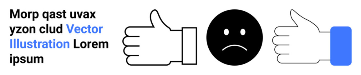 Feedback, reviews, decision-making, opinions, user preferences, social media. A black neutral face between a thumbs-up and thumbs-down. Feedback and reviews concept