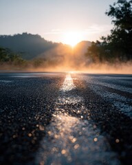 Fototapeta premium Hazy Summer Heat: Wet Asphalt Road Podium with Shimmering Distances