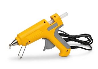 Yellow and gray electric applicator tool rests on a white background with a small bead of adhesive at the nozzle